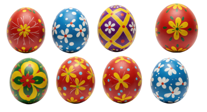 Eight vibrant, intricately decorated Easter eggs with diverse patterns and bold colors, arranged in a straight row on a pristine transparent studio background, isolated, no shadows. Commercial