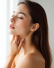 Beautiful model's face with perfect, clean skin and natural makeup highlights her healthy beauty and the sensuality of her eyes