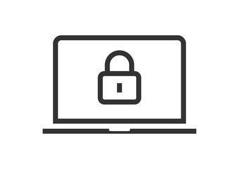Fototapeta na wymiar Laptop pc lock screen icon vector line stroke graphic, outline linear thin simple computer with padlock as secure protected access sign symbol pictogram image clip art