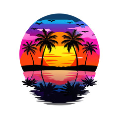 Obraz premium Bold Tropical Sunset T-Shirt Design – Symmetrical Palm Trees, Vibrant Ocean Waves, Bright Floral Foreground, High-Contrast Modern Beach Graphic Print
