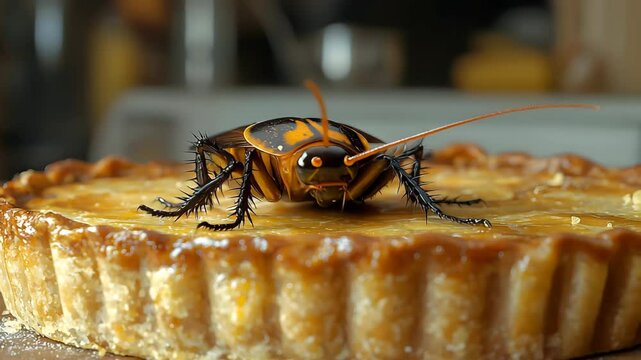 Insect crawling on a golden flaking pie crust