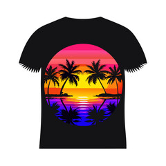Bold Tropical Sunset T-Shirt Design – Symmetrical Palm Trees, Vibrant Ocean Waves, Bright Floral Foreground, High-Contrast Modern Beach Graphic Print

