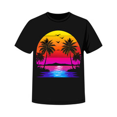 Bold Tropical Sunset T-Shirt Design – Symmetrical Palm Trees, Vibrant Ocean Waves, Bright Floral Foreground, High-Contrast Modern Beach Graphic Print

