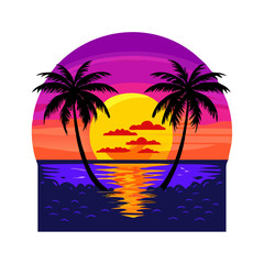 Bold Tropical Sunset T-Shirt Design – Symmetrical Palm Trees, Vibrant Ocean Waves, Bright Floral Foreground, High-Contrast Modern Beach Graphic Print

