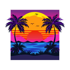 Bold Tropical Sunset T-Shirt Design – Symmetrical Palm Trees, Vibrant Ocean Waves, Bright Floral Foreground, High-Contrast Modern Beach Graphic Print

