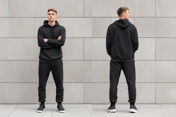 A young man wearing a black hoodie and sweatpants sports suit mockup, posing in front of a gray wall. The image shows him from the front and back, showcasing a casual athletic style.