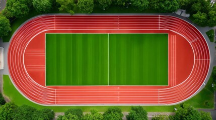 Aerial View of Empty Athletics Track Stadium Surrounded by Lush Green Trees