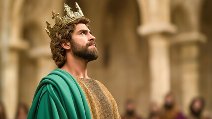 Biblical king wearing a golden crown stands in profile inside an ancient stone castle, gazing at the horizon—spiritual and majestic Old Testament scene.