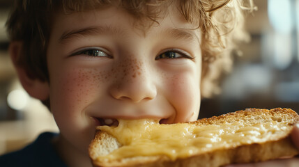 A boy with freckles and curly hair is smiling while eating a toasted cheese sandwich.