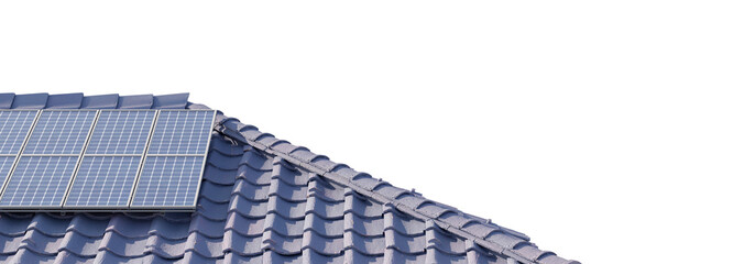 House rooftop featuring solar panel array, isolated on transparent background. 3D illustration.