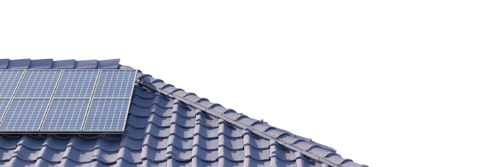 House rooftop featuring solar panel array, isolated on transparent background. 3D illustration.