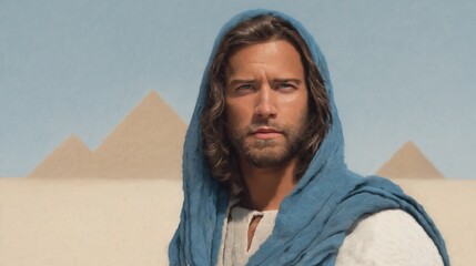 Selfie of biblical Joseph in ancient Egypt wearing traditional Egyptian attire, with pyramids and Giza plateau in the colorful background