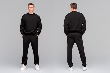 A young man wearing a black sweatshirt and sweatpants sports suit mockup, standing in a neutral pose. The image shows both the front and back views, highlighting the casual outfit.
