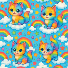 Rainbow Kitten Cute Pattern Adorable Kittens on Clouds and Rainbows