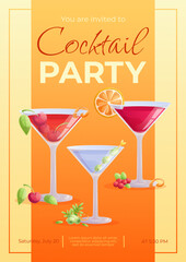 Cocktail party invitation design template . Cosmopolitan cocktail, Manhattan, dry martini, orange slice, cherry. The concept of a party, holiday, birthday. Vector illustration in A4 format