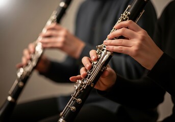 Clarinetists Performing Duet. Skilled artists' hands pressing keys on a classical woodwind instrument. This image conveys the precision, passion, and intricate artistry of creating orchestral harmony.