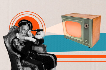 Naklejka na ściany i meble Composite photo collage design trend sketch of vintage aristocracy fashion opulence aged man sit armchair hold binoculars watch retro tv