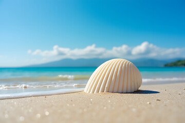 Obraz premium Ocean Serenity Seashell on the Beach Awaits Discovery Warm Sand and Turquoise Water Creating a Peaceful Tropical Vibe on a Sunny Day