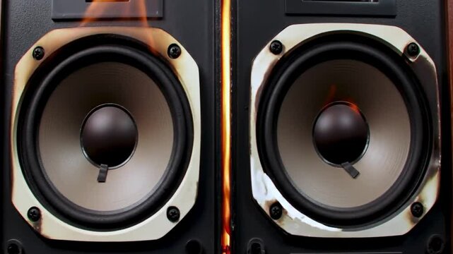 Close-up of dual audio speakers with metallic accents and woofers  