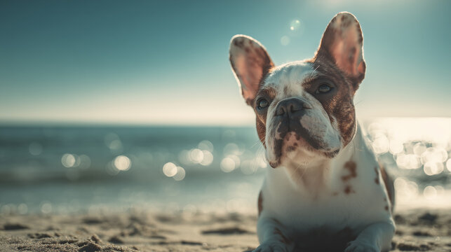 A French Bulldog rests on the beach, with sunlight creating bokeh effects over the ocean in the background. The dog's upright ears and alert expression are noticeable.