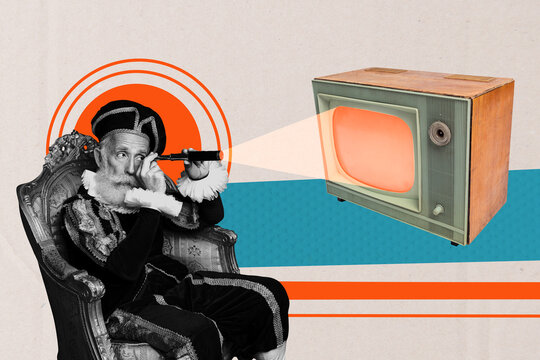Composite photo collage design trend sketch of vintage aristocracy fashion opulence aged man sit armchair hold binoculars watch retro tv