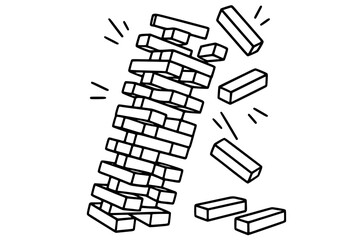 Vector Illustration of Collapsing Jenga Tower in Outline Style