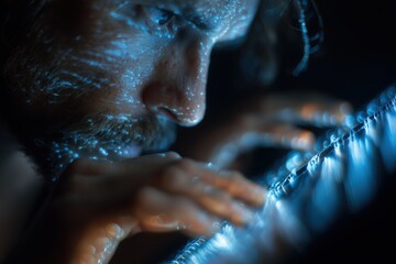 Technician Studies Neural Threads As Glowing Brainwave Loops Reflect On His Face