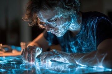Technician Studies Neural Threads As Glowing Brainwave Loops Reflect On His Face