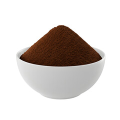 A white ceramic bowl filled with rich brown instant coffee granules piled high in a peak isolated on transparent background