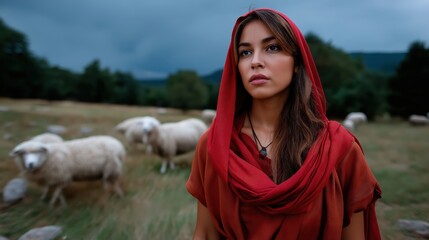 Rachel the shepherdess tending sheep in the mountains, peaceful biblical scene showcasing faith, nature, and pastoral life