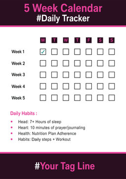 Five Week Daily Habit Tracker Calendar Goal Planner Vector Template 