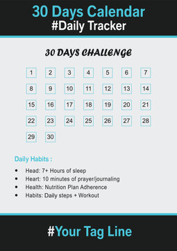 30 Day Daily Reminder Calendar Editable Vector Schedule Template