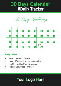 30 Day Habit Goal Calendar Template Vector Planner with Text