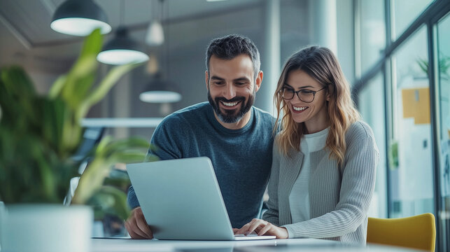 Two tech engineers discussing AI software in a modern office, smiling man and woman looking at a laptop, analyzing system, teamwork brainstorming AI project, software development, cybersecurity, moder