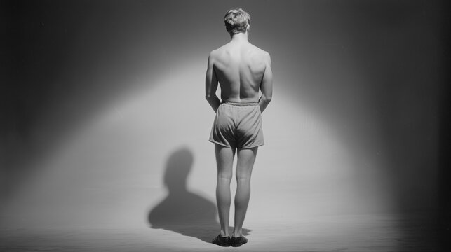 A black-and-white photograph of a shirtless young man standing with his back to the camera. He is wearing shorts and shoes, casting a shadow on a plain studio backdrop.