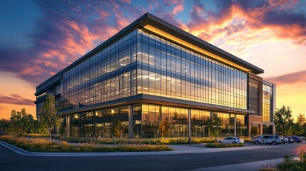 Obraz premium Modern glass office building at sunset.
