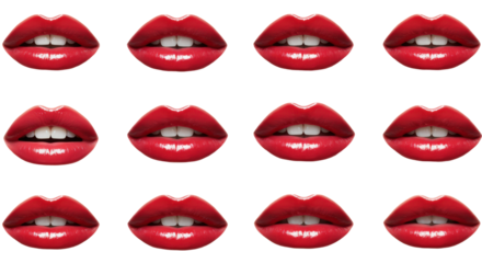 Multiple vibrant, glossy, deep red human lips, some open revealing transparent teeth, others sensually closed, against a transparent background in a dynamic collage. Concept of beauty and