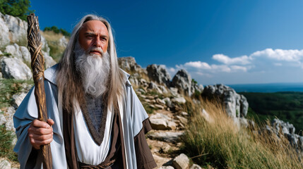 Moses standing powerfully with staff, biblical leader symbolizing faith, divine guidance, ancient scripture, and spiritual strength.