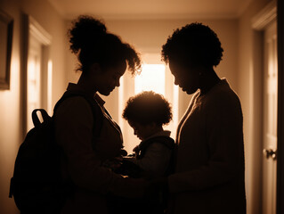 Mothers preparing child for school morning.