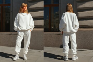 A young woman in a stylish white oversized sweatshirt and matching sweatpants sports suit mockup, standing outdoors in front of a modern building. The sunlight highlights her casual yet trendy outfit.