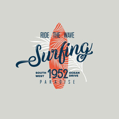 Ride the wave Surfing paradise surf board leaf vector graphic