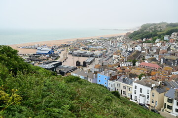 Looking down at Hastings, East Sussex on a Misty morning in June