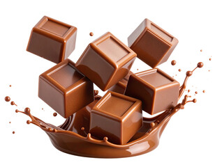 Fototapeta premium Top View of Melting Milk Chocolate Cubes with Splash Trails, Isolated on Transparent Background