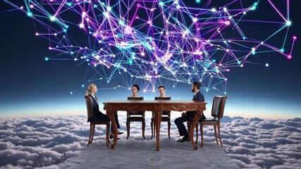 Corporate team networking above clouds, analyzing digital strategies and collaborative solutions in high altitude business meeting environment - Powered by Adobe