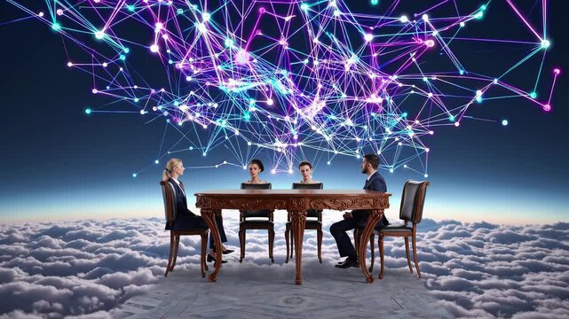 Corporate team networking above clouds, analyzing digital strategies and collaborative solutions in high altitude business meeting environment