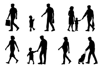Silhouette of People Walking: Collection of silhouette figures depicting people walking, portraying family, parenthood and traveler with their luggages