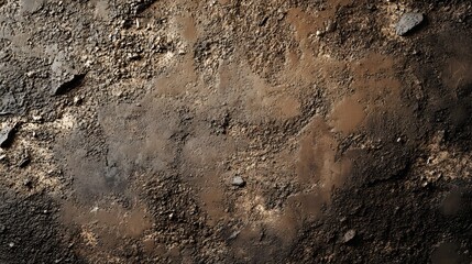 A textured ground surface reveals dark soil mixed with rocks and debris in a desolate earthy environment.