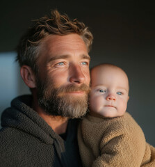 Father holding baby at home during golden hour.