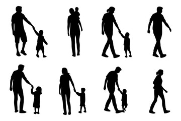 Family Silhouettes Walking: A collection of diverse family silhouettes, depicting parents and children walking hand-in-hand, showcasing the bond and unity of family life.  