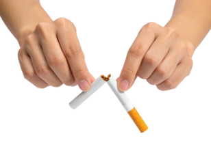 Two hands breaking a cigarette in half against a black background, symbolizing quitting smoking or anti-smoking efforts.